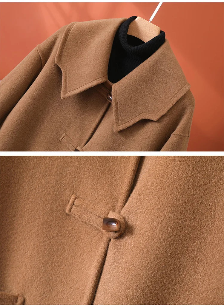 2025 Fashion Large Lapel Horn Button Women's Coat Autumn and Winter New Double-Sided Woolen 100%Pure Wool Warm Coat Large Pocket