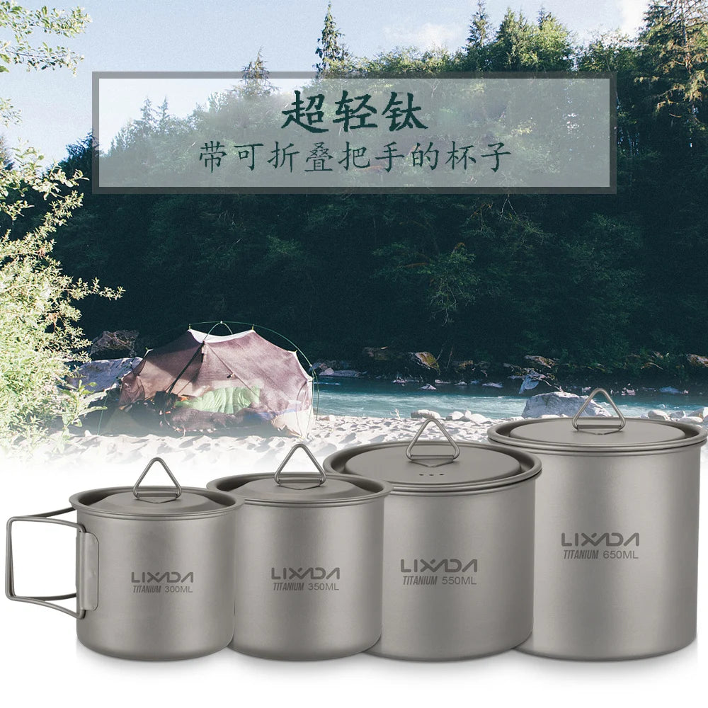 Taza de agua ultraligera de titanio Lixada con asa plegable, portátil para exteriores, camping, picnic, 300 ml/350 ml/550 ml/650 ml