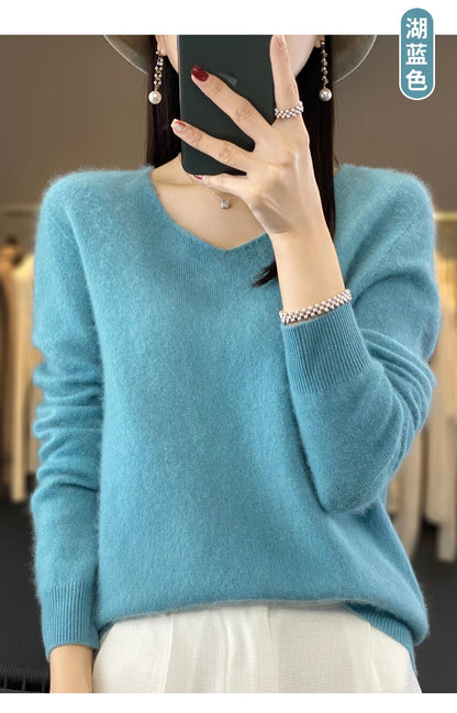 Suéter básico de otoño-invierno 2024 para mujer, 100 % lana merino, cuello en V, tejido de punto liso, jersey de oficina para mujer, manga larga, cachemir.