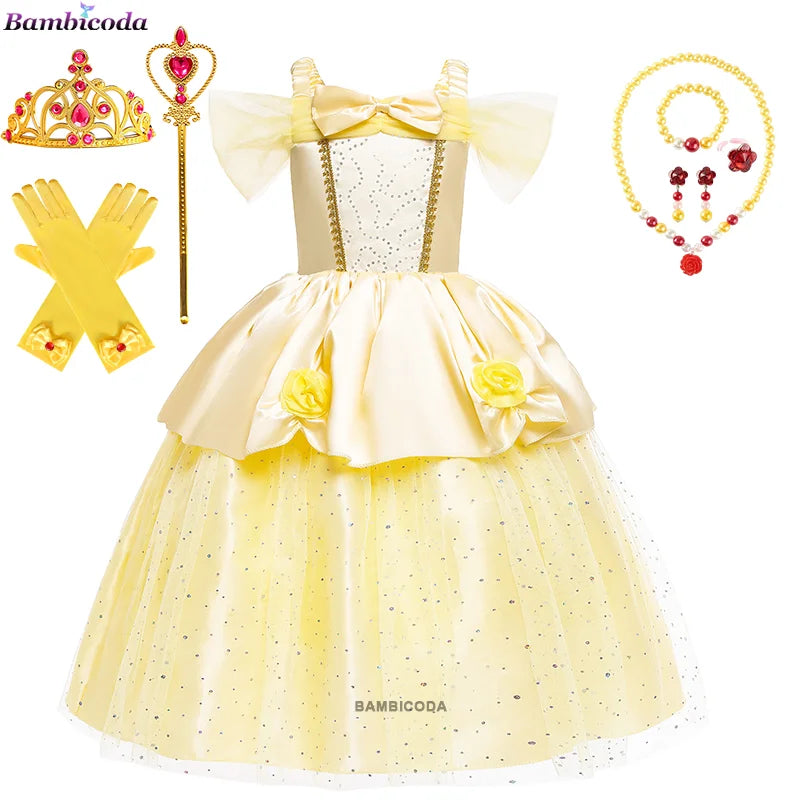 2025 Cosplay Belle Princess Dress Girls Dresses For Beauty and beast Party Clothing Magic stick crown Costume 3-12Y