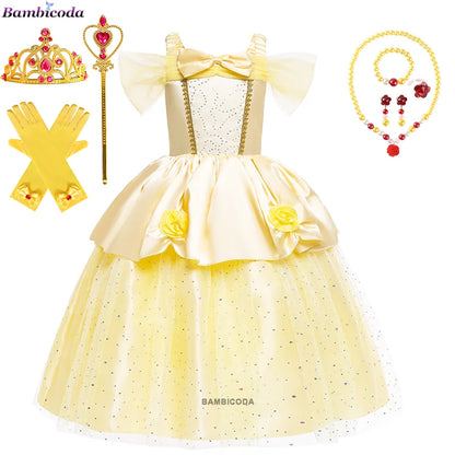 2025 Cosplay Belle Princess Dress Girls Dresses For Beauty and beast Party Clothing Magic stick crown Costume 3-12Y