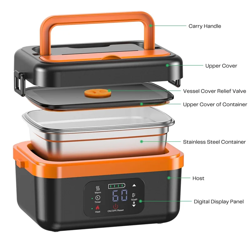 A98I-Cordless Electric Lunch Box,Rechargeable Self-Heating Food Warmer With 16000Mah Battery,For Work/Travel/Car/Office