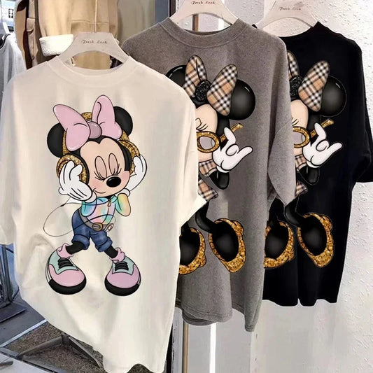 Disney Kawaii Women T-shirts Fashion New 90s Vintage Cartoon Mickey Minnie Top Y2K Female Ulzzang Oversized Cotton T-shirt