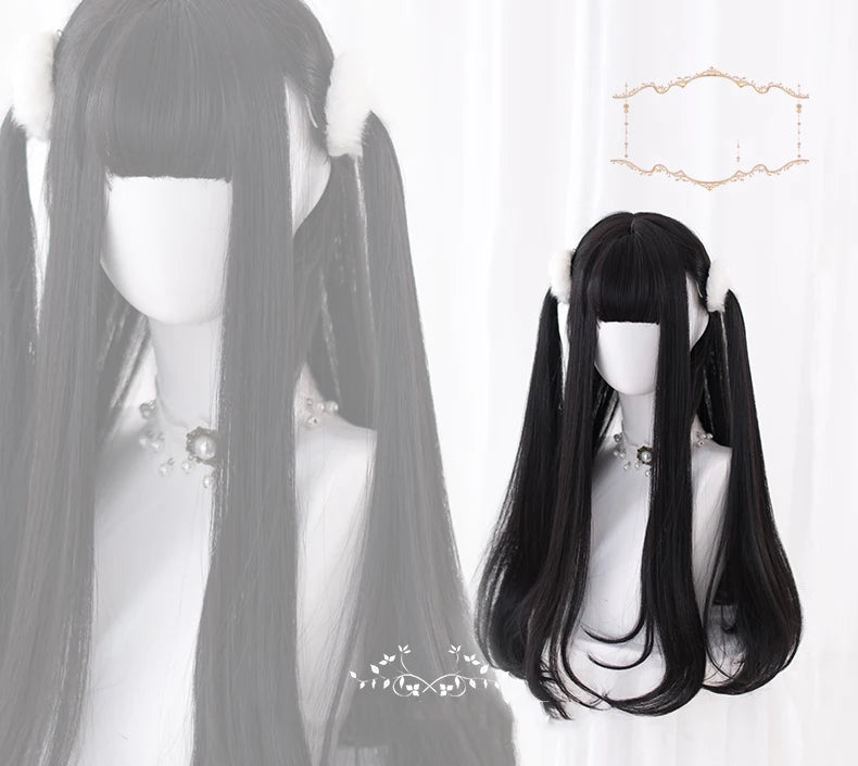 AS Long Straight Black Synthetic Wig For Women With Bangs Black Cosplay Lolita Wigs Heat Resistant Natural Hair