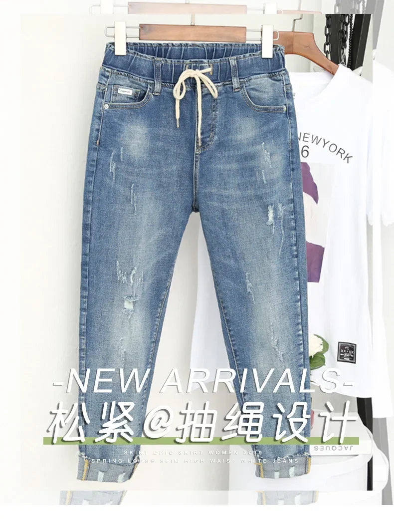 XL-6XL Plus Size jeans for Women Mom Jeans Woman Elastic High Waist Blue BaggyJeans Denim Ripped Jeans Female Harem Pants