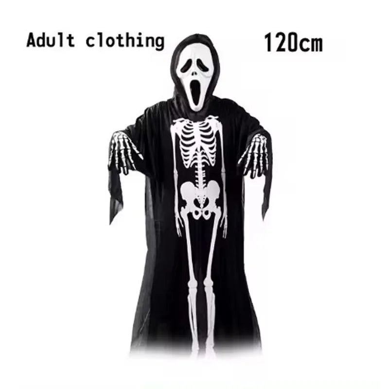 Halloween Death God Play Costume, Kids and Adults Horrible Skeleton Costume, Black Ghost Robe and Sickle, Enjoy Game Party