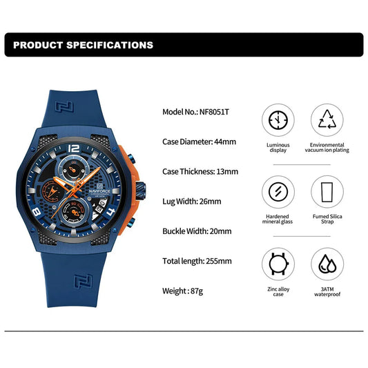 NAVIFORCE Reloj de pulsera de cuarzo para hombre, de alta calidad, de lujo, original, con correa de silicona, resistente al agua, deportivo, Masculino