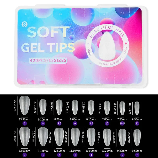 PINPAI-Matte Nails, Almond Coffin Nail Tips, Full Cover, Matte Artificial Nail, Soft Gel Tips, T Shape, 420Pcs 