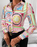 Women's Fashion Wild Shirts Chain/Floral/Letter/Geometric Square Print Turn-Down Collar Long Sleeve Blouses