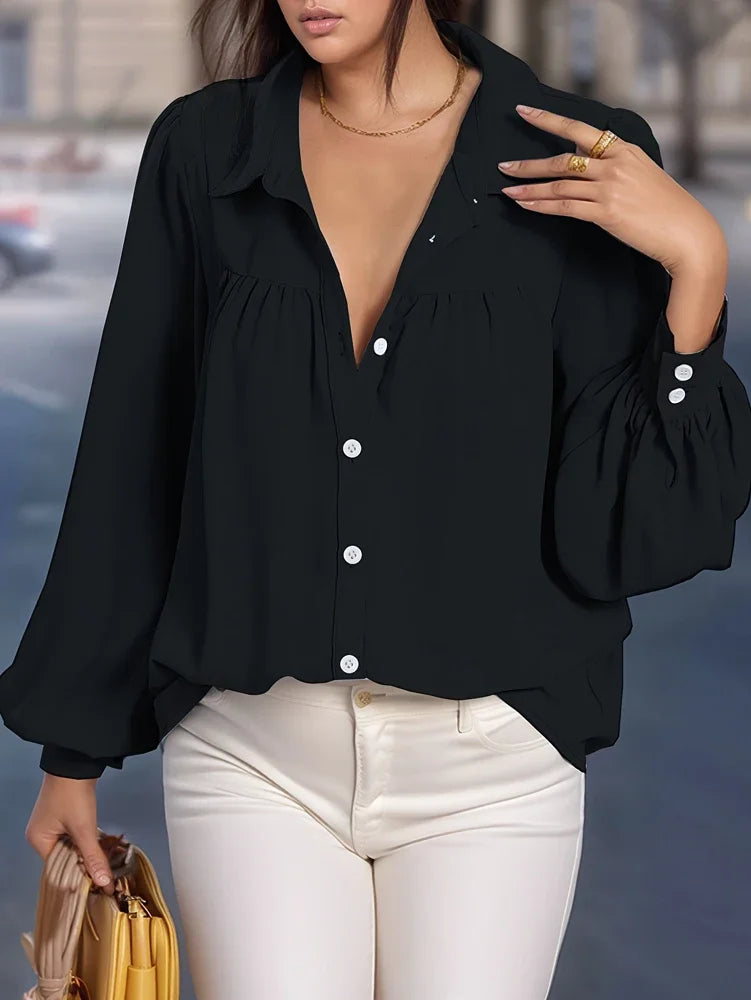 Plus size feminino frente aberta botão lanterna manga camisa casual cor sólida peplum colarinho camisa roupas femininas