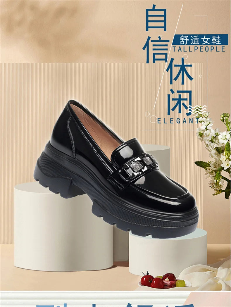 5.5cm British Style Thick Bottom Patent Leather Loafers Women's Platform Shoes 2024 Spring Shallow Block Heels Shoes Office
