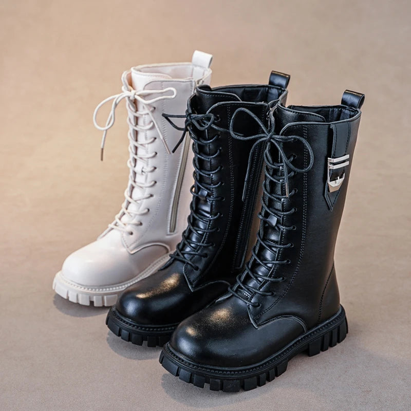 Elegant Zipper Baby Girl Casual Fashion Boots Autumn/winter Round Toe Warm Thick Sole Lace Comfortable Children's Midsole Boots