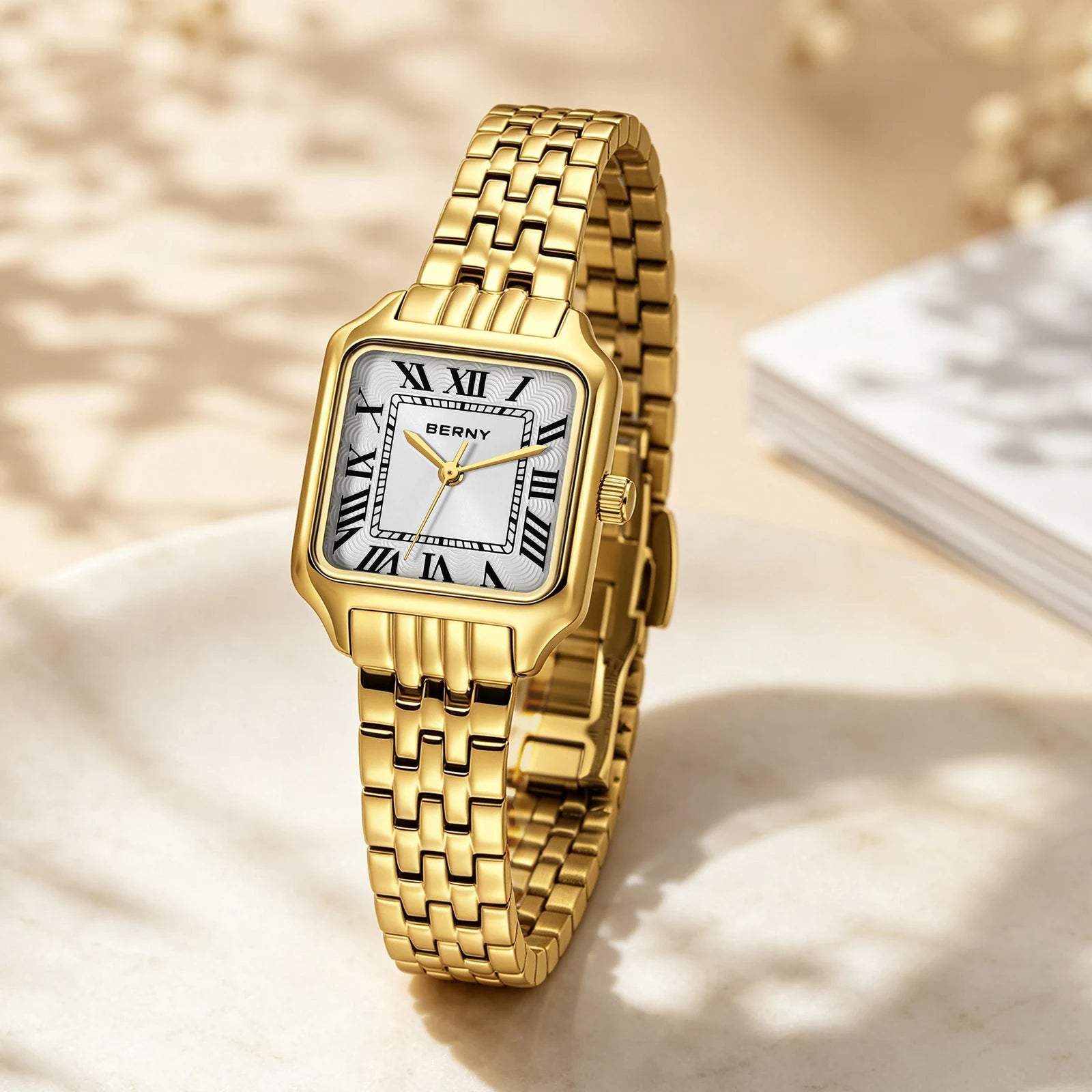 Relógio Feminino Quadrado BERNY Luxo – Quartz em Aço Inoxidável à Prova D'Água