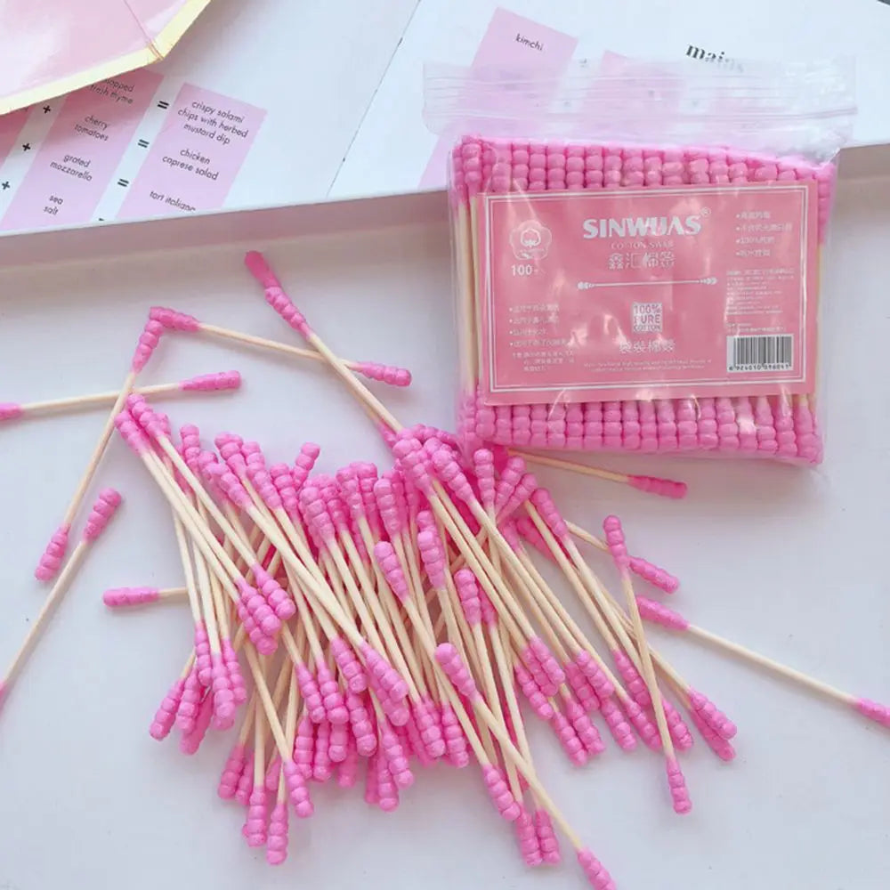 100PCS Disposable Cotton Swab Cute Pink Double Head Cotton Stick Makeup Remover Bat for Beauty Cosmetics Ear Cleaning Swabs