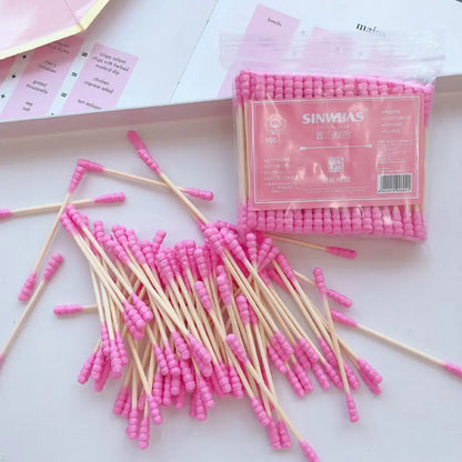 100PCS Disposable Cotton Swab Cute Pink Double Head Cotton Stick Makeup Remover Bat for Beauty Cosmetics Ear Cleaning Swabs