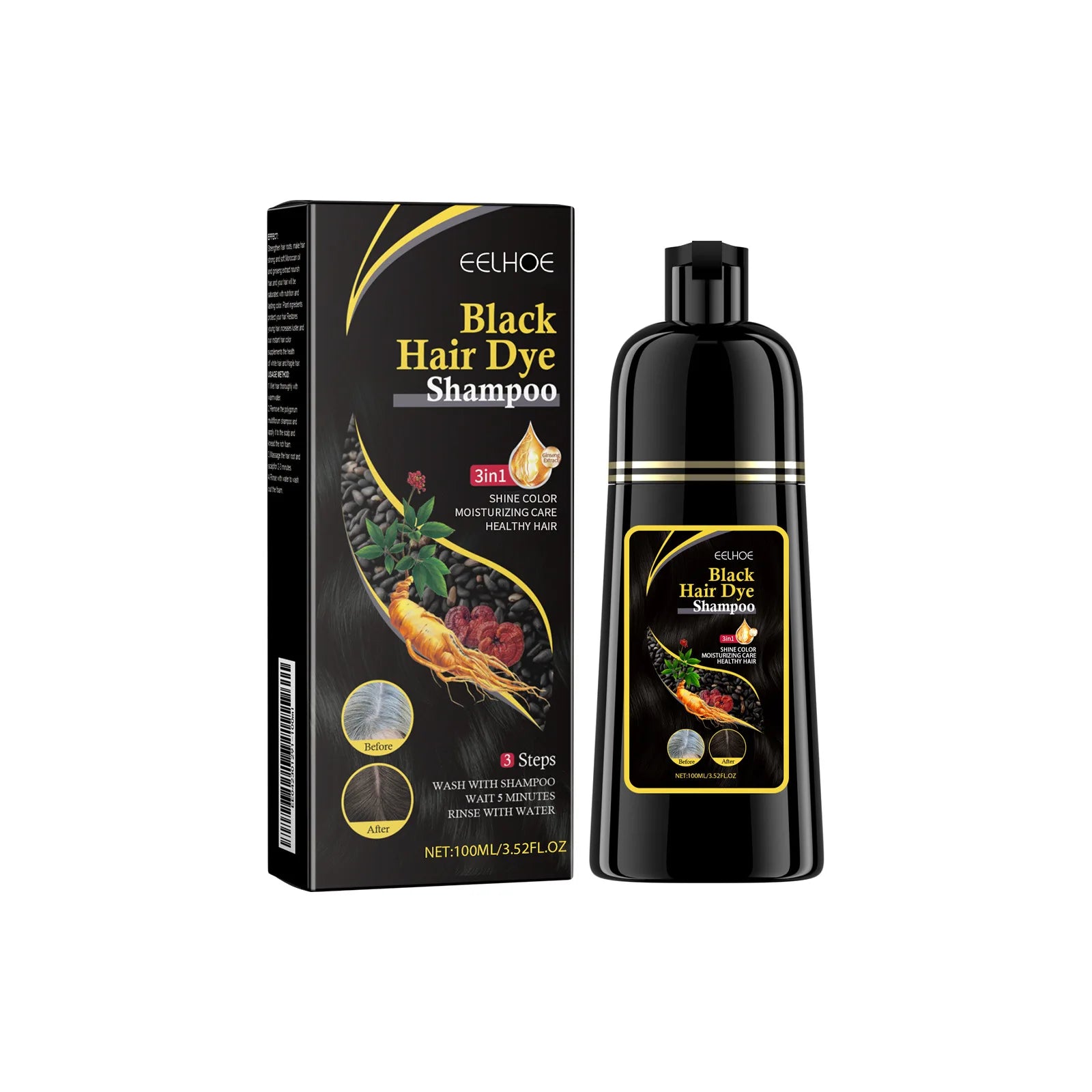 Shampoo EELHOE 3 em 1 para Tingir Cabelos de Preto: Crescimento, Limpeza, Escurecimento e Nutrição Profunda – Fórmula Natural, Orgânica e à Base de Ervas