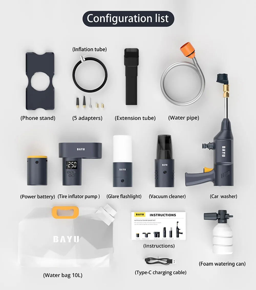 BAYU Auto Outdoor Smart Kit (19200mah Power Bank, Tire Inflator, Vacuum Cleaner, Car Washer, Flashlight, Mobile Phone Holder)