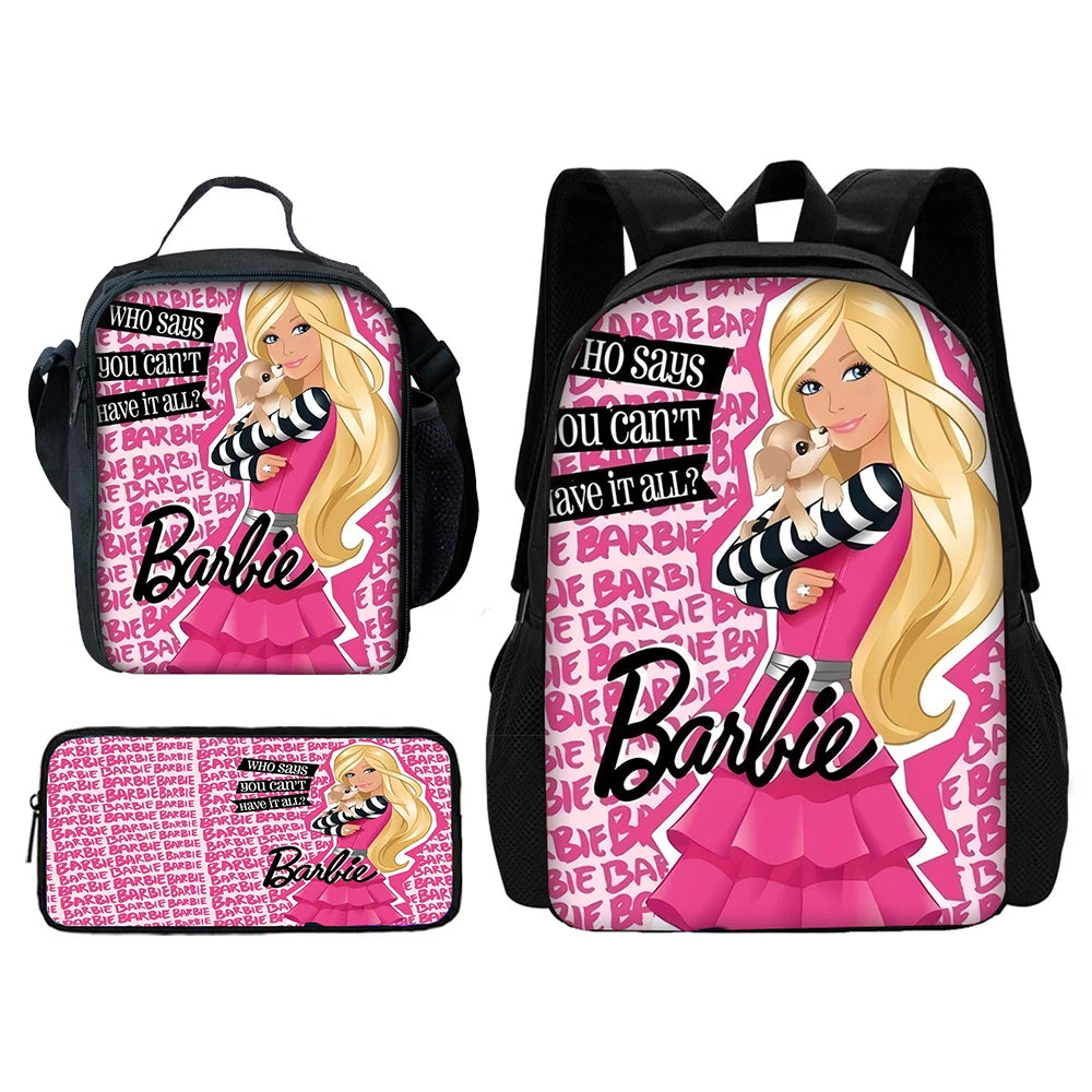 Cartoon Dolls 3 pcs set Child School Backpack with Lunch Bags Pencil Bags B-Barbies School Bags for Boys Girls Best Gift