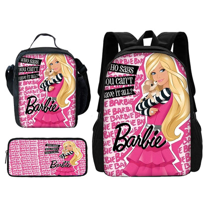 Cartoon Dolls 3 pcs set Child School Backpack with Lunch Bags Pencil Bags B-Barbies School Bags for Boys Girls Best Gift