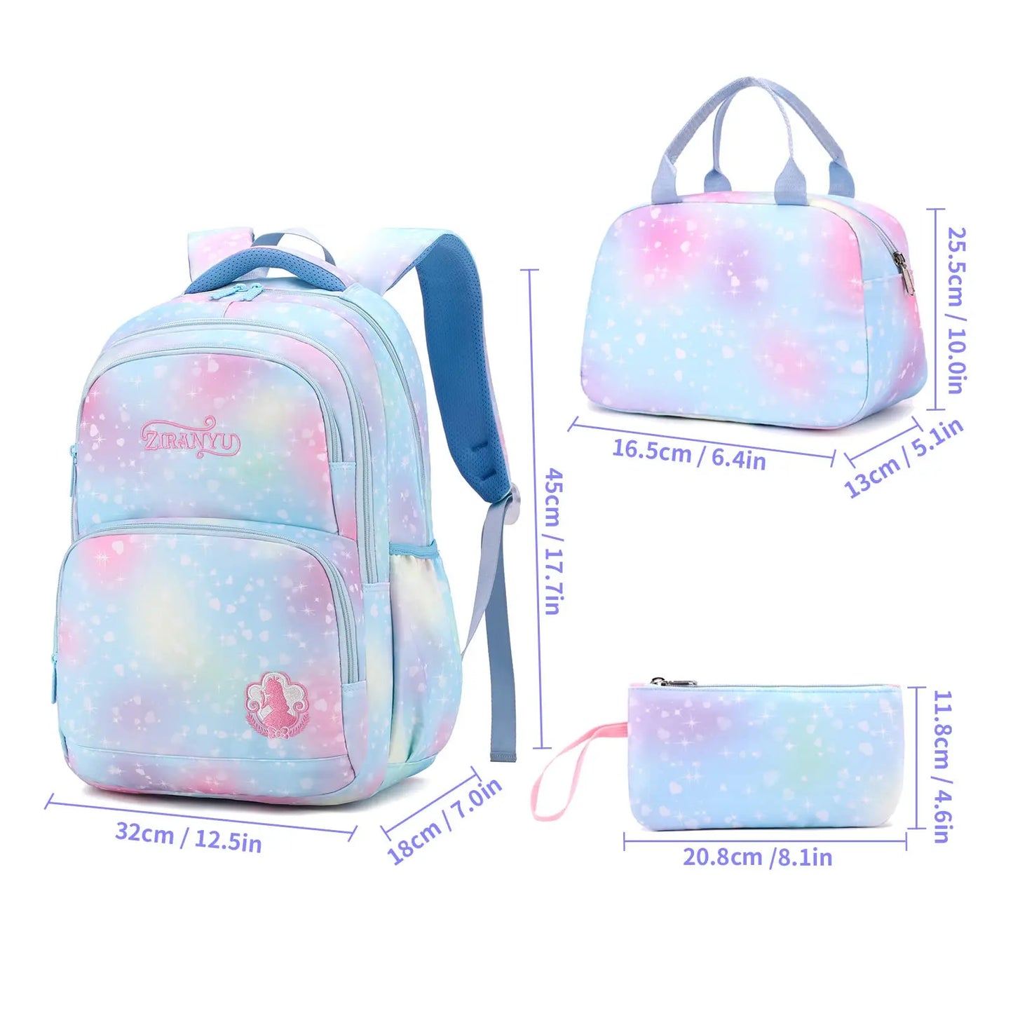School Backpack Girls 3 Pieces with Lunch Bag Pencil Case 22 Litre Breathable School Bag Teenager Girls for 3-9 Grades Backpack