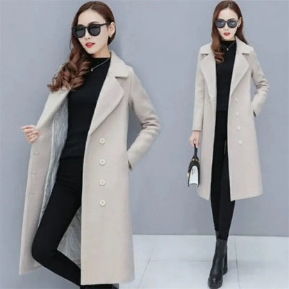 Female Woolen Coat Velvet 2023 Women's Double-Breasted Woolen Coat Spring and Autumn Woolen Coat Fashion Suit Collar ThickTrench