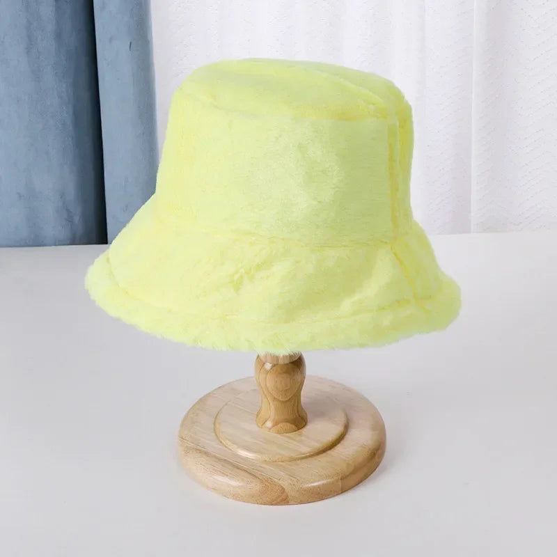 Winter Rabbit Plush Fisherman Hats for Women Girl Bucket Hat Windproof Leopard Soft Faux Fur Wide Brim Lady Women Artist Cap