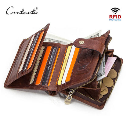 ONTACT'S Genuine Leather Short Wallets for Men RFID Vintage Coin Purse Card Holder Male Money Clip Women‘s Wallet Bag HandbagC