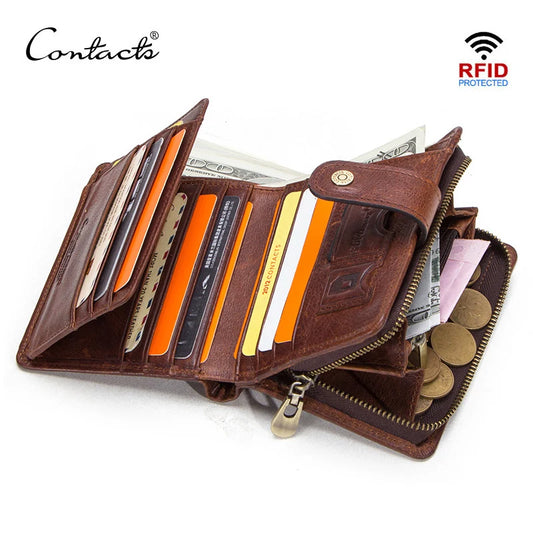 ONTACT'S Genuine Leather Short Wallets for Men RFID Vintage Coin Purse Card Holder Male Money Clip Women‘s Wallet Bag HandbagC