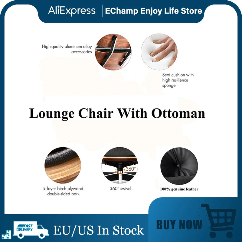 Replica Mid Century Tall Size Chaise Genuine Leather Lounge Chair With Ottoman Black Walnut and Palisander Living Room Chairs