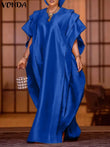 Vonda-Vestido Maxi Elegante Feminino, Manga Curta, Cetim de Babados, Vestido de Festa, Casual, Solto, Sólido, Tamanhos Grandes, Verão, 2024
