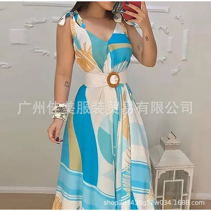 Womens Dresses 2024 Summer Fashion Sunflower Print Lace Up Casual V-Neck Sleeveless Daily Long Dress with Belt