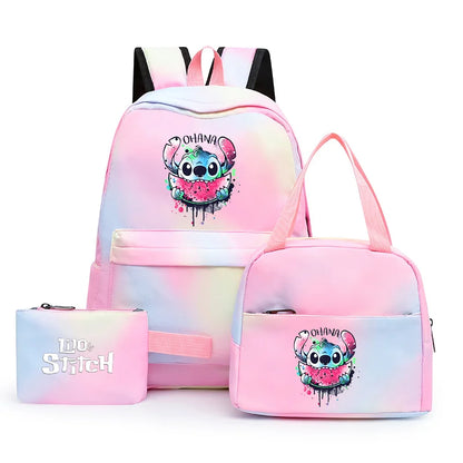 3pcs Disney Lilo Stitch Colorful Backpack with Lunch Bag for Women Student Teenagers Rucksack Casual School Bags Sets