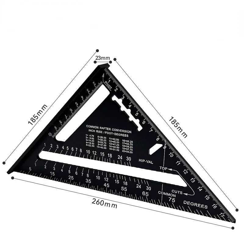 Regla triangular, herramienta de medición de 7 pulgadas, herramientas de carpintero de aleación de aluminio, regla de ángulo métrico en pulgadas, herramientas de carpintería cuadradas de velocidad