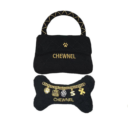 Juguetes negros de lujo para perros, regalos de cumpleaños para mascotas, accesorio para masticar cachorros, bolso, hueso, juguetes chirriantes para cachorros.