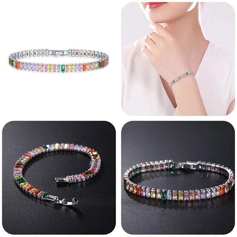 Pulseras de tenis de cristal arcoíris para mujer, color plata Kpop, regalos para amigas, cadena de brazalete de circonitas coloridas, joyería para la mano H167-M