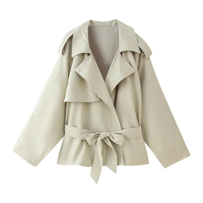 Casual Office Women's Bomber Jacket Chic Lace Up Lapel Collar Full Sleeve Female Coat Spring New Office Lady Outerwear Commuting