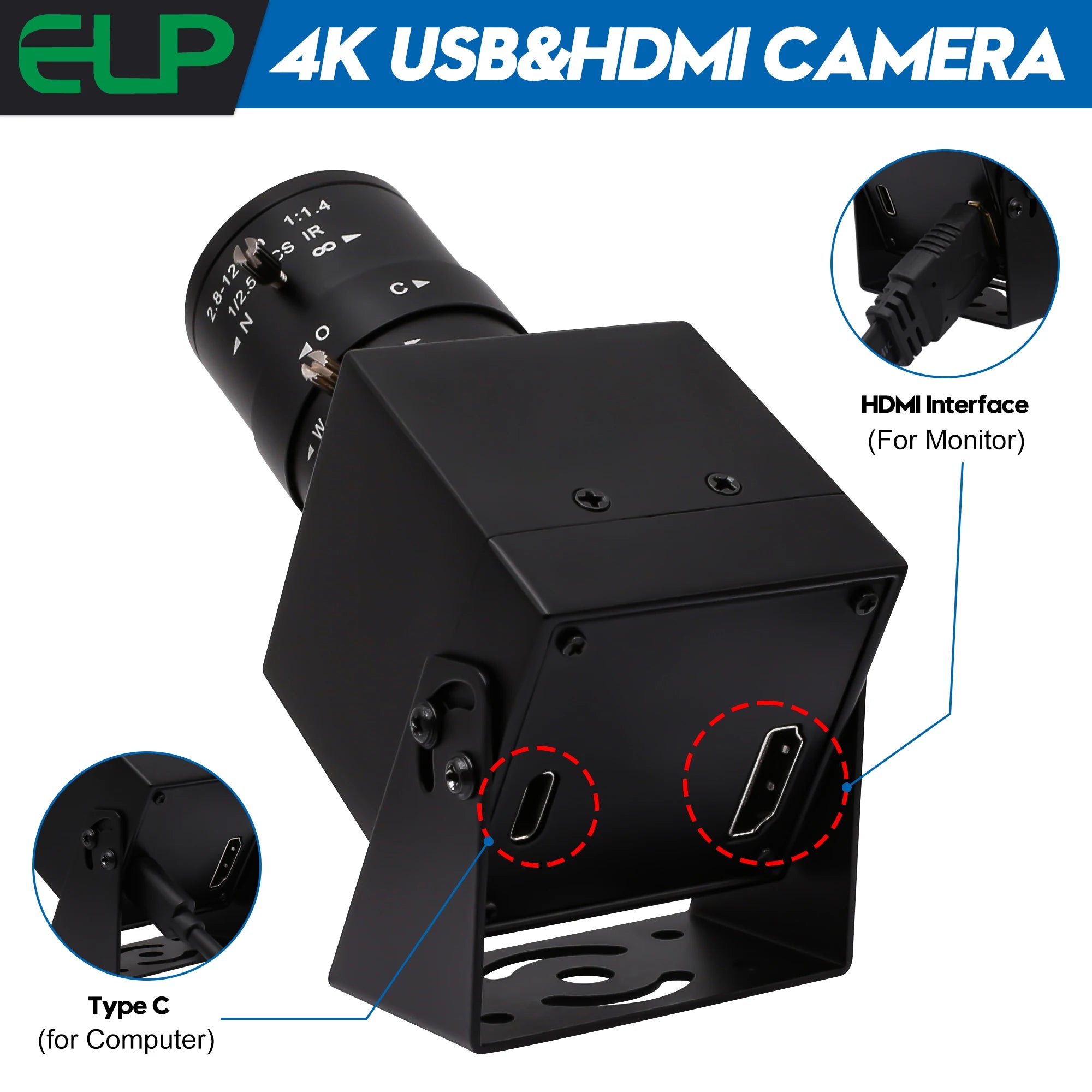 ELP 4K HDMI Camera H.264 Video Conference USB Camera with 2.8-12mm Manual Zoom Lens IMX415 Industrial CCTV Camera for Windows