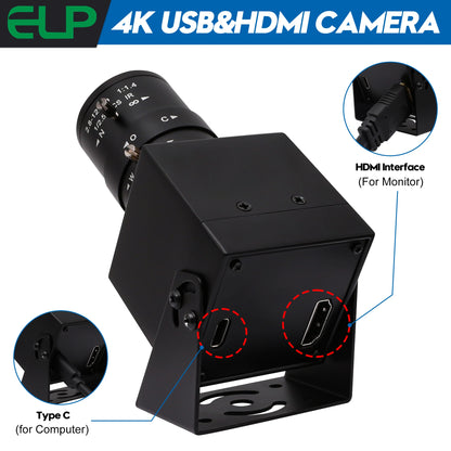 ELP 4K HDMI Camera H.264 Video Conference USB Camera with 2.8-12mm Manual Zoom Lens IMX415 Industrial CCTV Camera for Windows