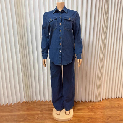 Jeans 2 Piece Sets Women Denim Shirt Coat Straight Pants Suit Streetwear Spring 2026 Washed Top Overshirt Trousers Outfits