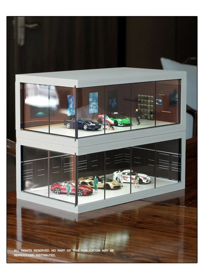1/64 Simulated Alloy Car Model Showroom for Boy Miniature Acrylic Parking Lot Car Display Stand with Lights Kids Collection Toys