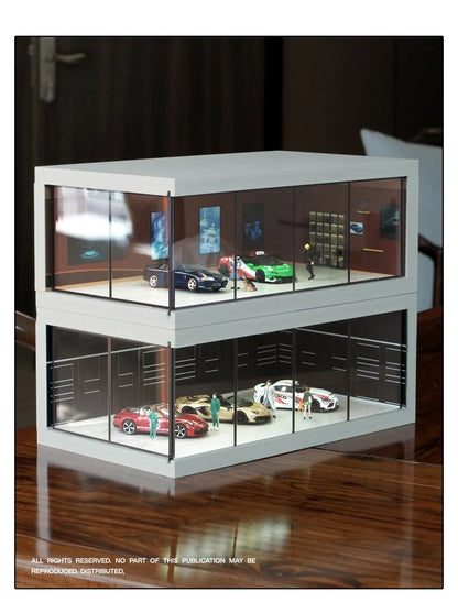 1/64 Simulated Alloy Car Model Showroom for Boy Miniature Acrylic Parking Lot Car Display Stand with Lights Kids Collection Toys