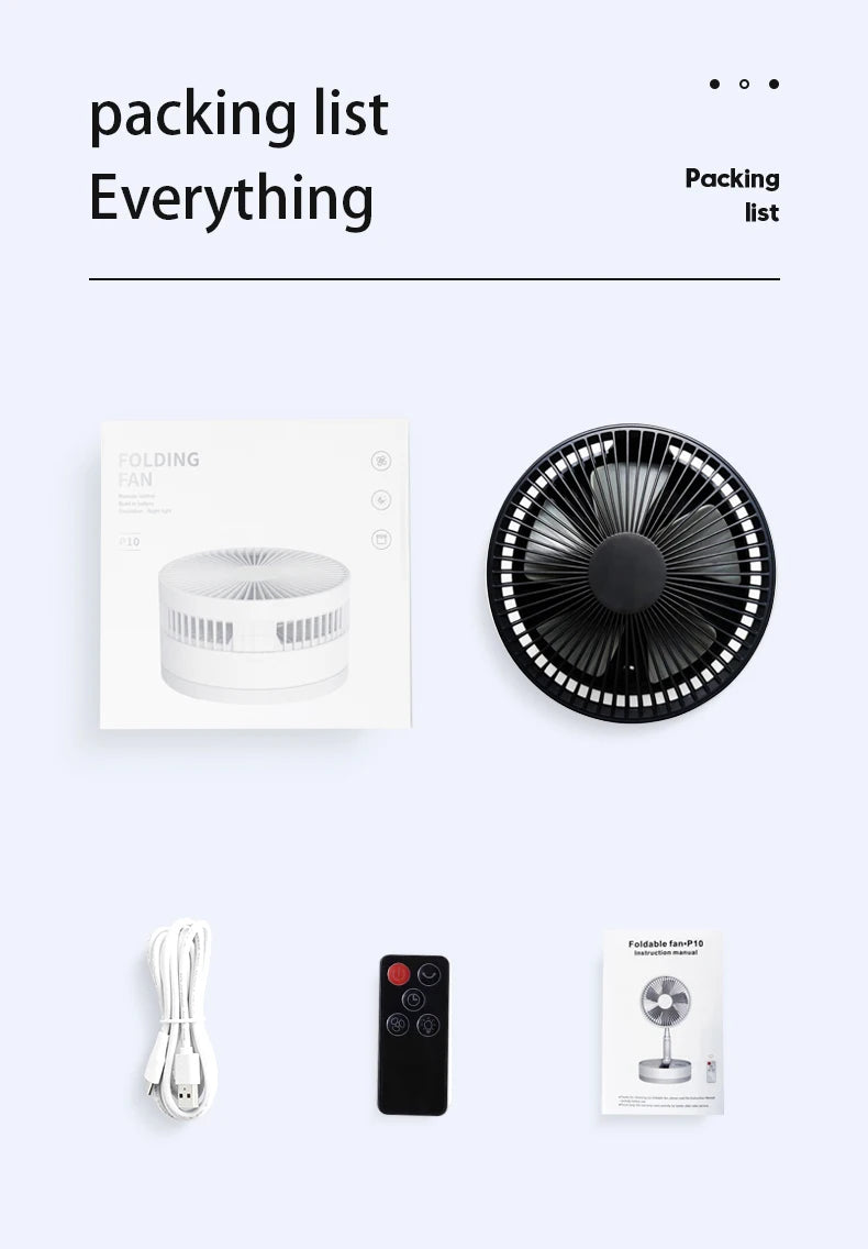 P10 10800mAh Folding Portable Fan USB Remote Control Air Cooler Silent Rechargeable Wireless Floor Standing Fan for Camping Desk