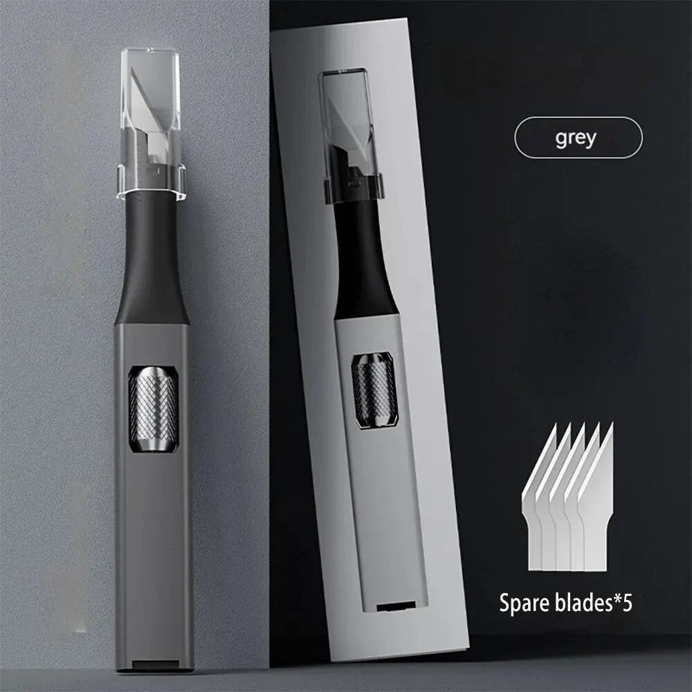 Cuchillo para trinchar con mango de aluminio en forma de bolígrafo, incluye 5 hojas con diseño de herradura que puedes reemplazar tú mismo.