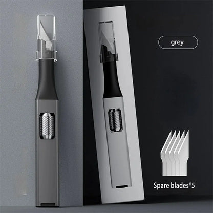 Cuchillo para trinchar con mango de aluminio en forma de bolígrafo, incluye 5 hojas con diseño de herradura que puedes reemplazar tú mismo.
