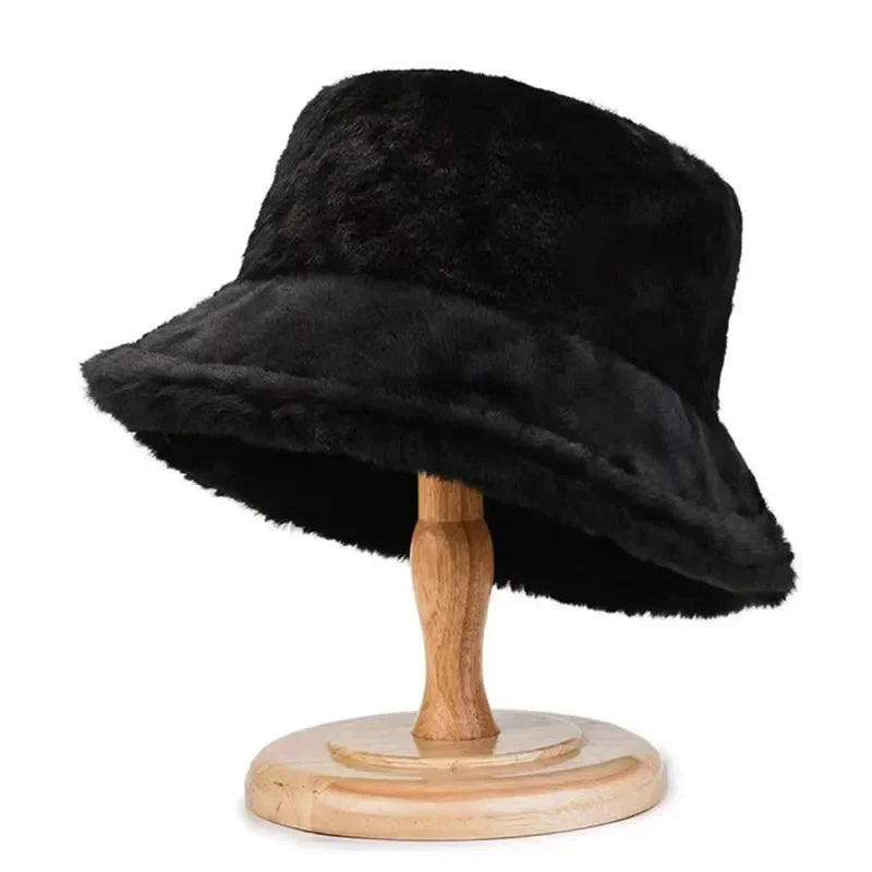 Winter Rabbit Plush Fisherman Hats for Women Girl Bucket Hat Windproof Leopard Soft Faux Fur Wide Brim Lady Women Artist Cap