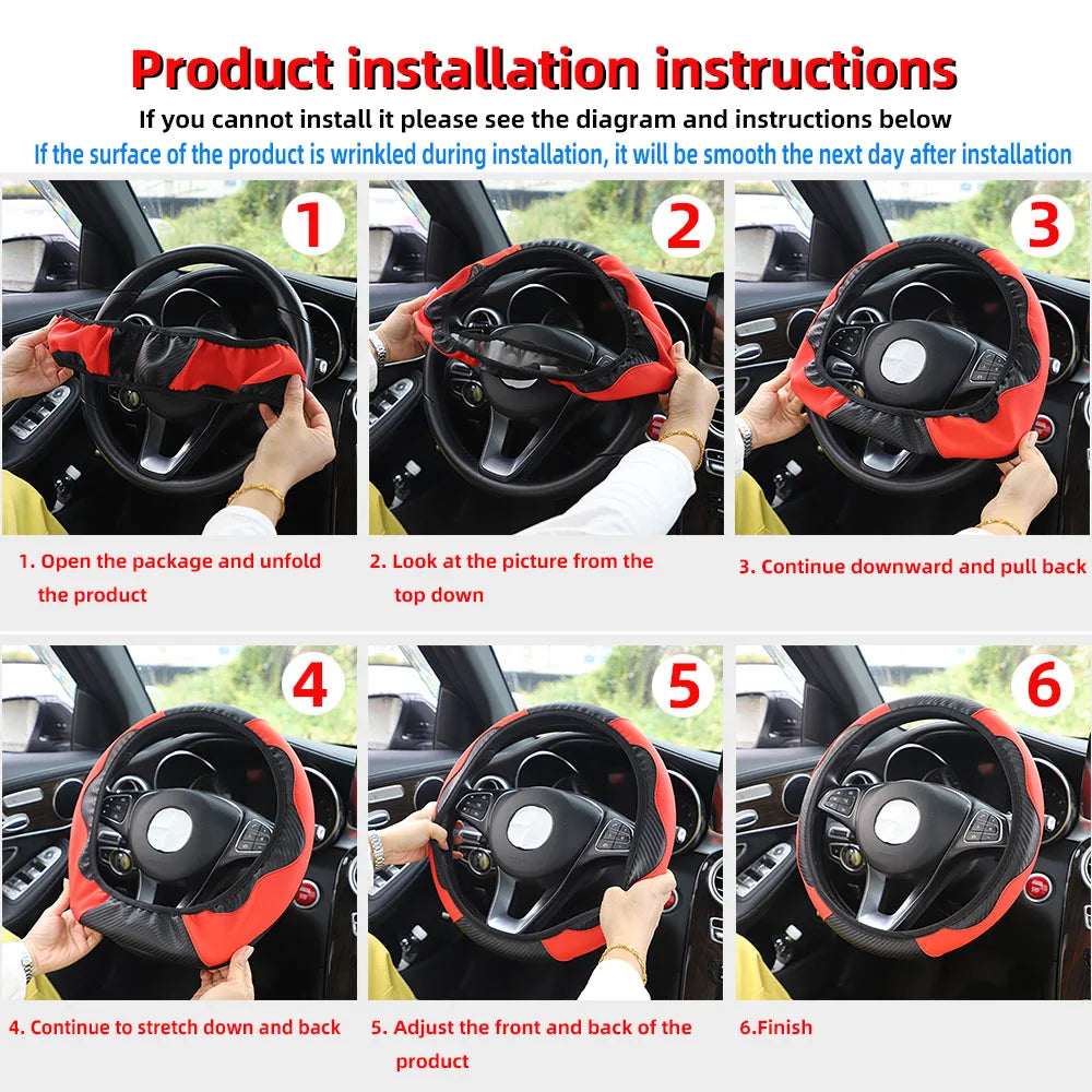 PU Carbon Fiber Leather Car Steering Wheel Cover without Inner Ring Suitable for 14.5-15 Inches Auto Supplies