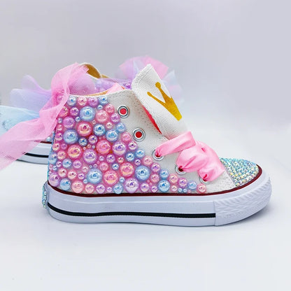 Dollbling Shell Simulação Sapatos de lona, DIY Bling Handmade Shoes, tema sereia, Kids High Top Pearls Sneakers, sob o mar