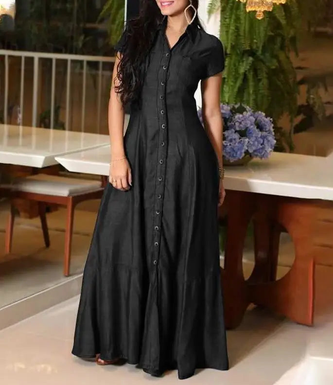 Vestido maxi jeans de um só peito feminino, vestido monocromático, manga curta, lapela, balanço diário, moda verão, 2023