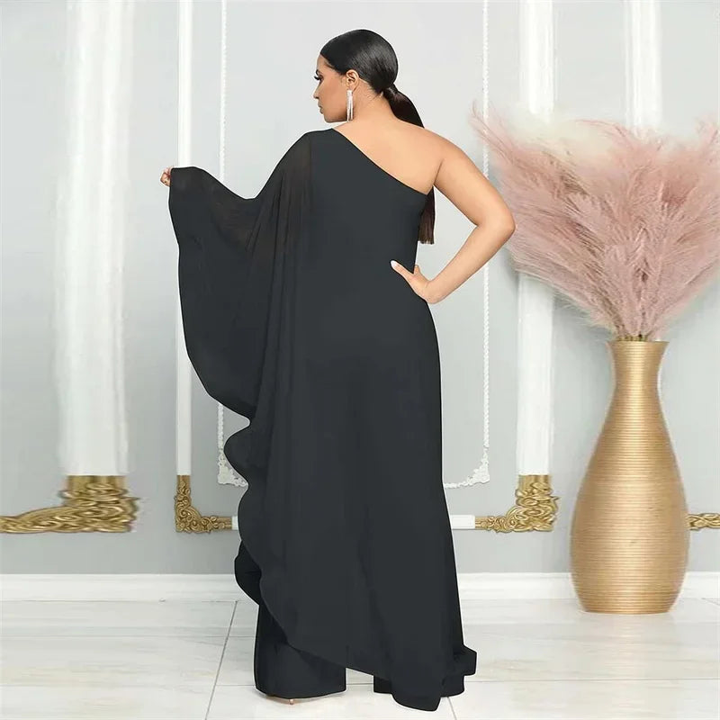 Elegant Chiffon One Shoulder Wide Leg Jumpsuit Women Club Party Birthday Outfits One Pieces Rompers Overalls Combinaison Femme