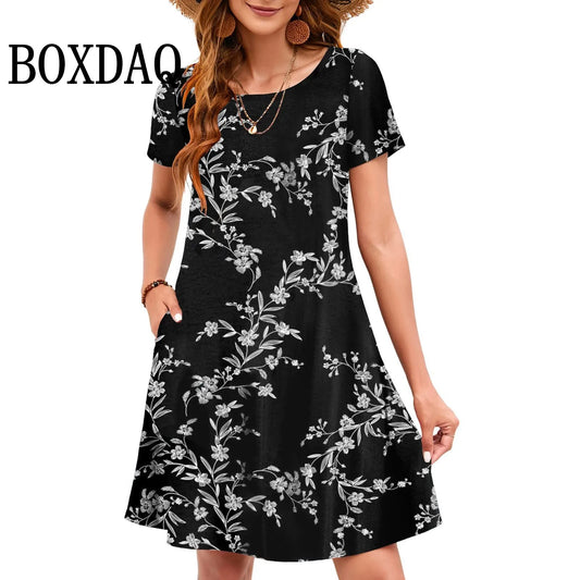 Women Summer Dress 2025 New 3D Flowers Printed Casual Loose Round Neck Dress Vintage Fashion Plus Size Short Sleeve Clothing 9XL